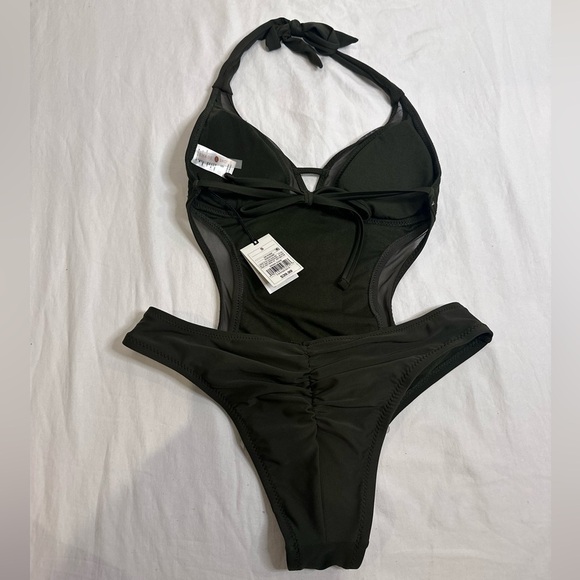 Dark green women’s one piece swimsuit, open back, mesh sidings, NWT, size small - Picture 2 of 5